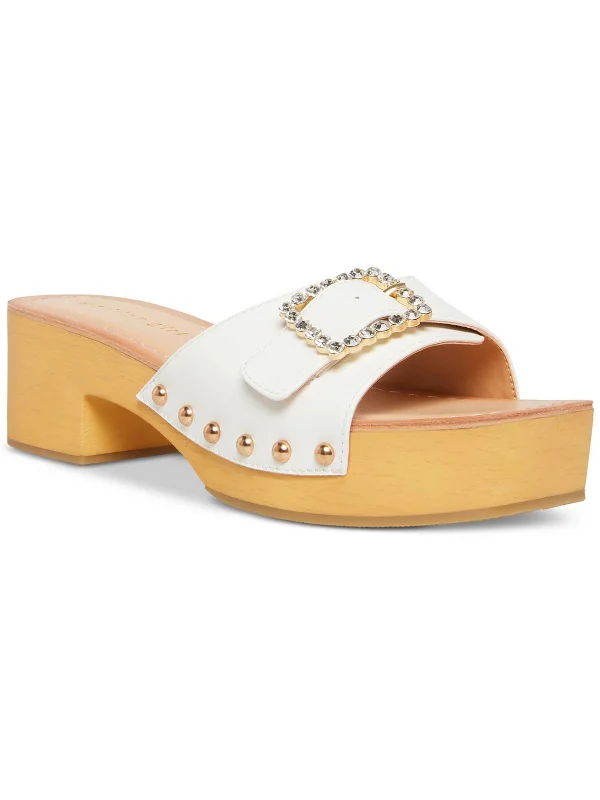 Anikka Womens Faux Leather Rhinestone Slide Sandals