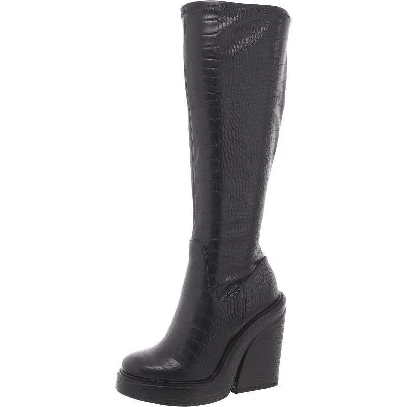 Aligned Womens Croc Print Block Heel Mid-Calf Boots