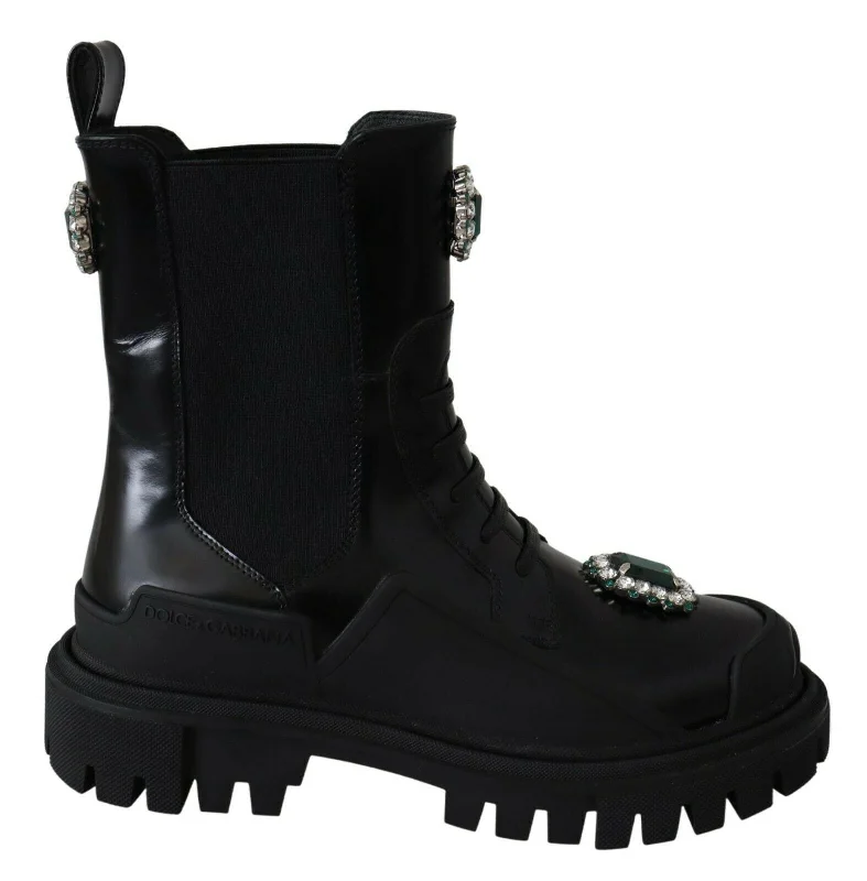 Dolce & Gabbana Elegant  Leather Combat Boots with Crystal Women's Detail