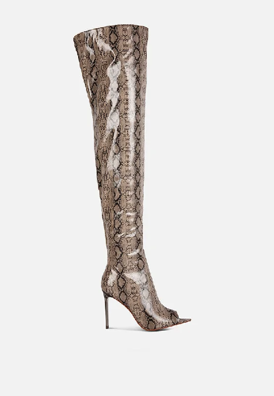 high drama snake print stiletto long boots