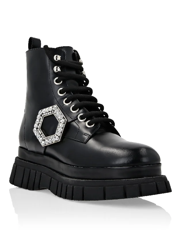 Shiny Leather Boots Mid Flat Crystal Hexagon