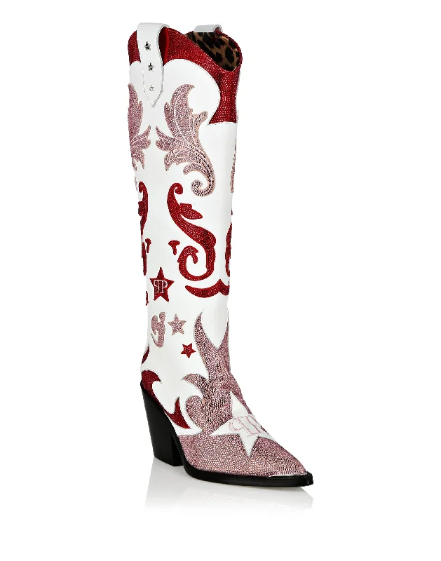 Strass Cow Boy Boots Mid Heels High Stars