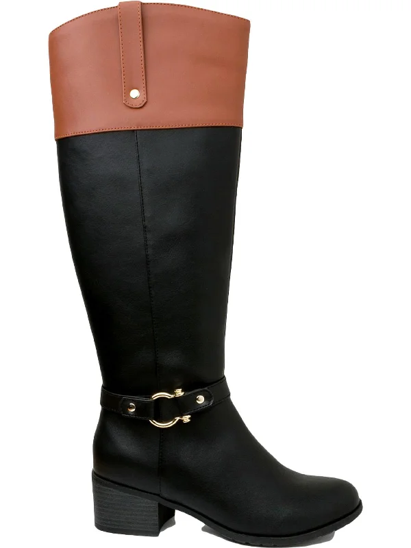 Vickyy Womens Extra Wide Calf Faux Leather Knee-High Boots