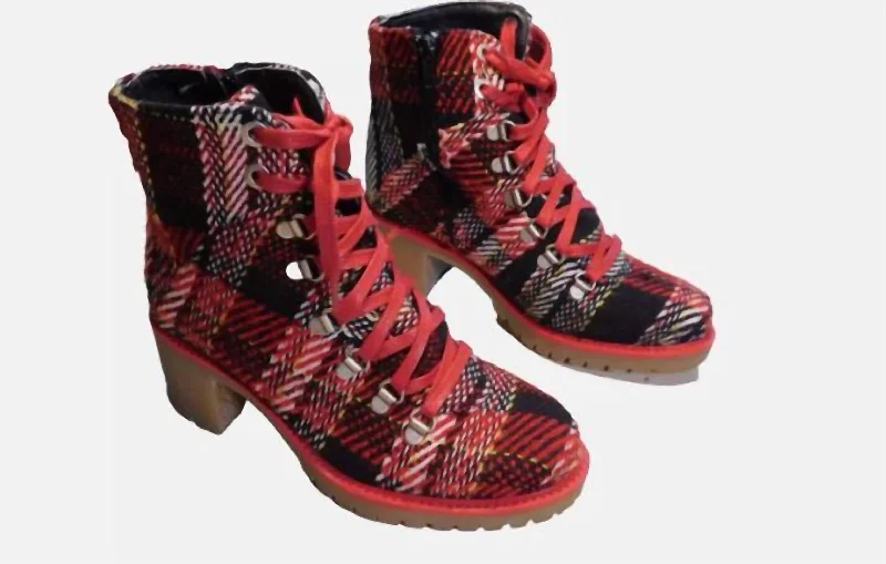 Women Indigo Lace Up Boots In Red Plaid