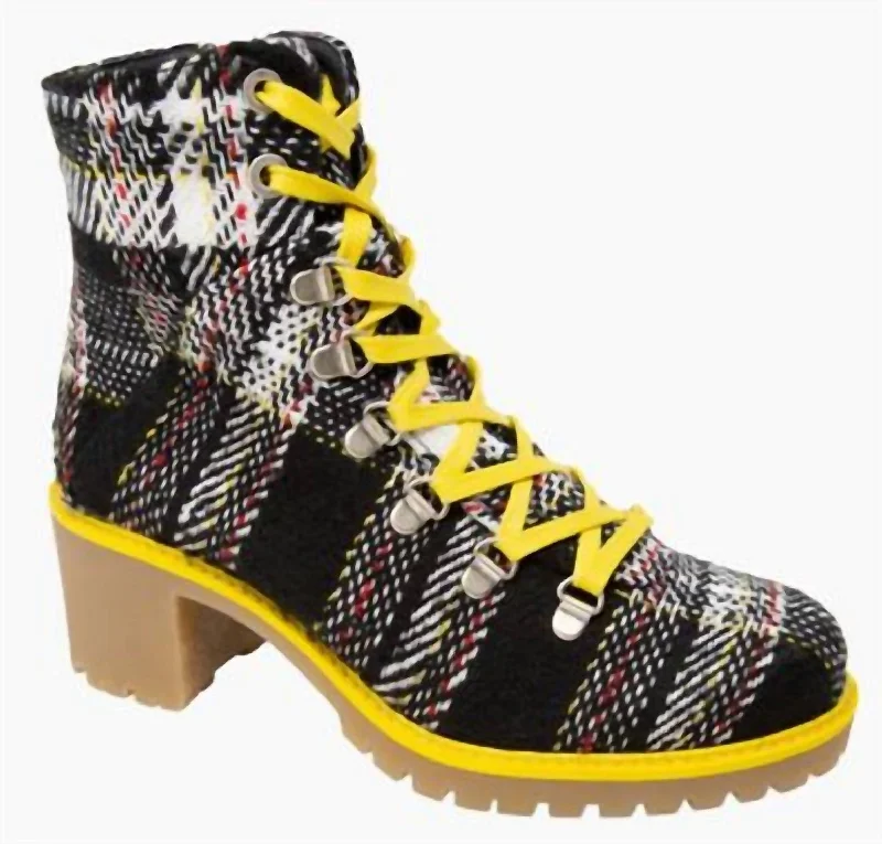 Women Indigo Lace Up Boots In Yellow Plaid