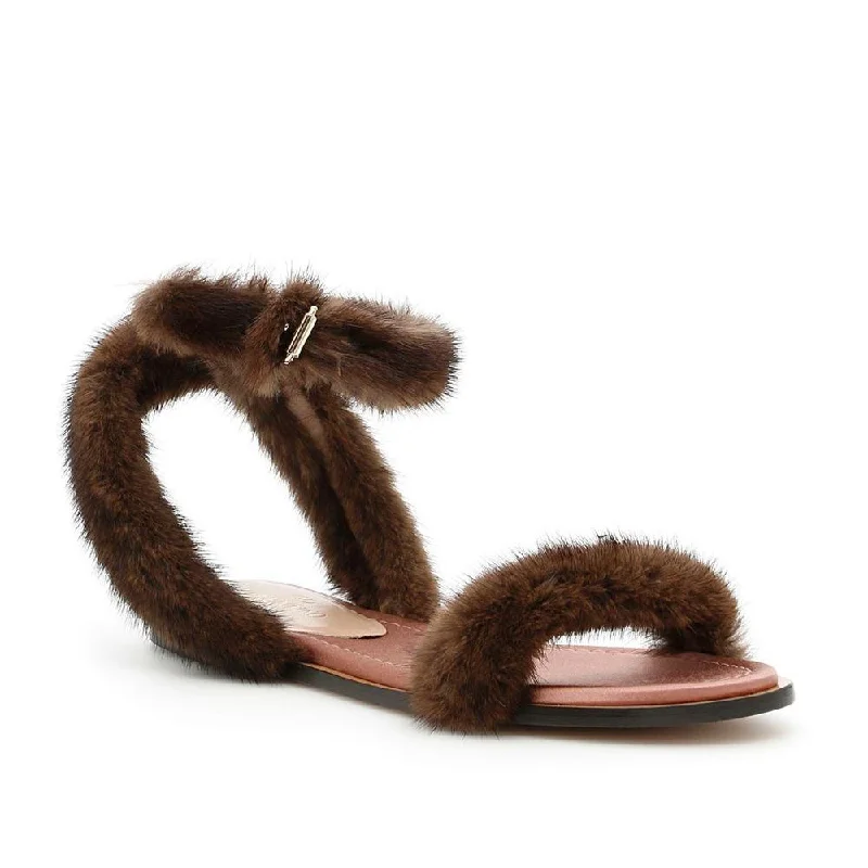 Valentino Women's Mink Fur Leather Ankle-Strap Flat Sandals Brown