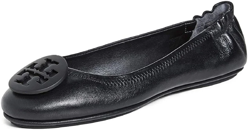 Tory Burch Women's Minnie Travel Ballet Flats Black Leather with Black Logo Shoes