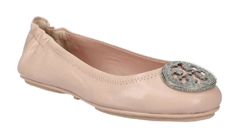 Tory Burch Women's Minnie Pave Logo Ballet Flats, Shell Pink/Silver