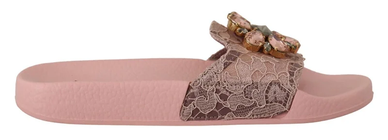 Dolce & Gabbana Floral Lace Crystal Embellished Slide Women's Flats